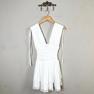 Lulus Luisella White‎ Ruched Deep V Mesh Tiered Tie Shoulder Mini Dress Size XS